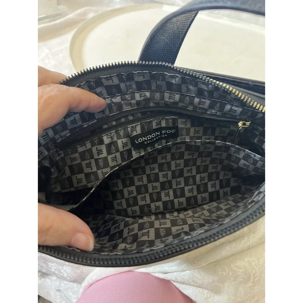 London Fog Astor faux lizard shoulder bag in black. 11